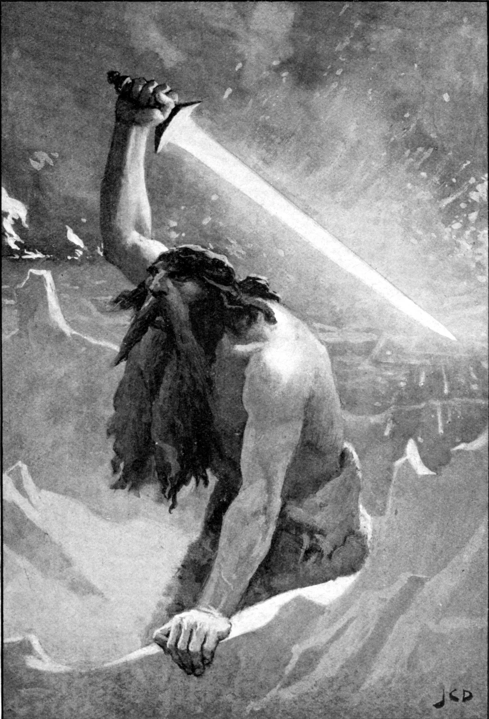Surtr raising a luminous sword in John Charles Dollman’s illustration published in 1909