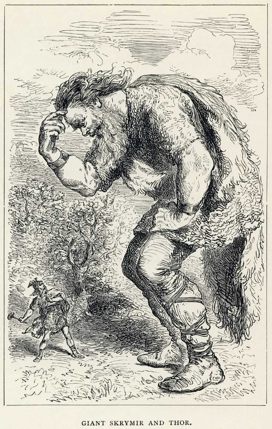 Louis Huard’s illustration of the enormous giant Skrymir lying asleep while the much smaller Thor stands beside him with his hammer