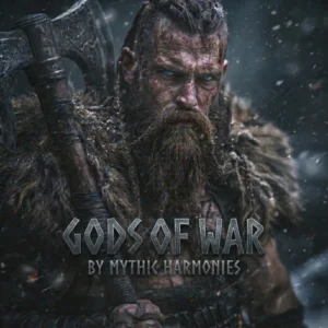 Gods of War album cover showing a bearded warrior holding an axe with the Mythic Harmonies album title