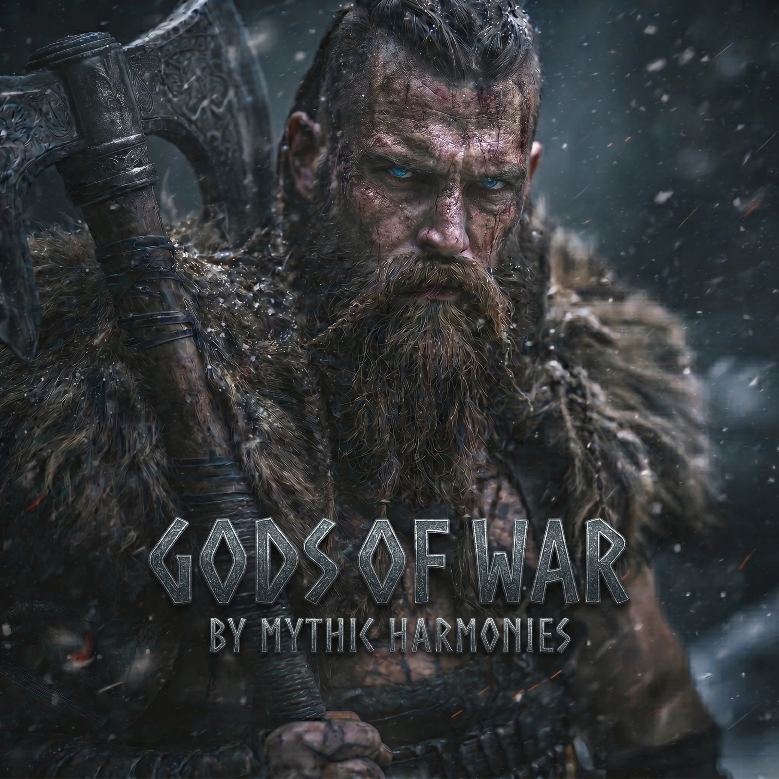 Gods of War album cover showing a bearded warrior holding an axe with the Mythic Harmonies album title