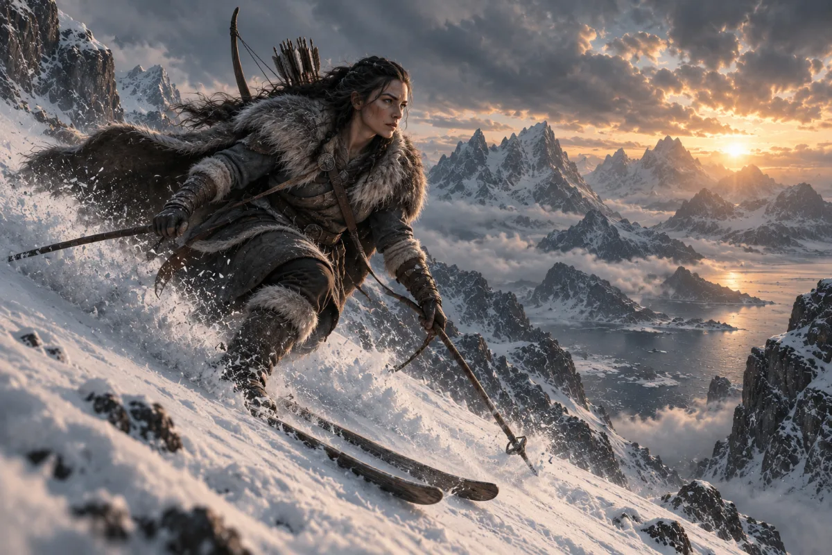 Artistic interpretation of the giantess Skaði skiing down a snowy mountainside at dawn with a bow and quiver on her back