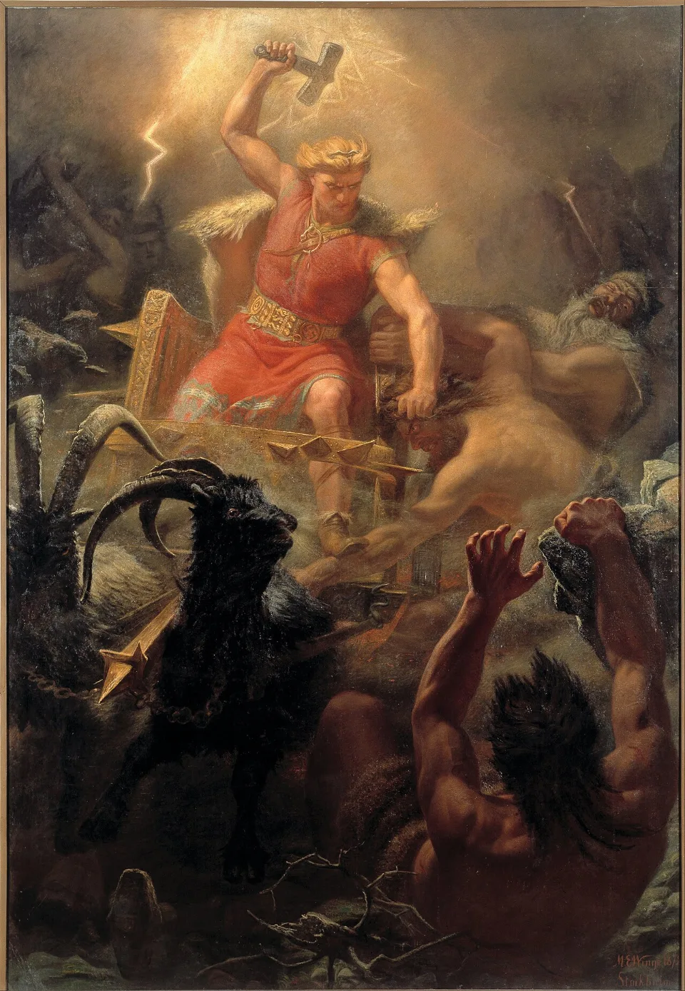 Mårten Eskil Winge’s 1872 painting of Thor riding his goat-drawn chariot and raising his hammer against a group of giants