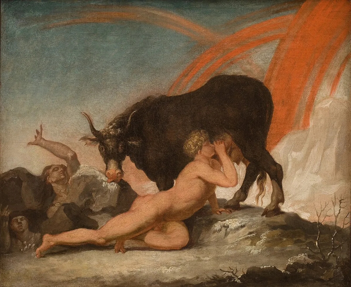 Nicolai Abildgaard’s 1777 painting of the primordial giant Ymir lying on the ground and drinking from the udder of the cow Auðumbla